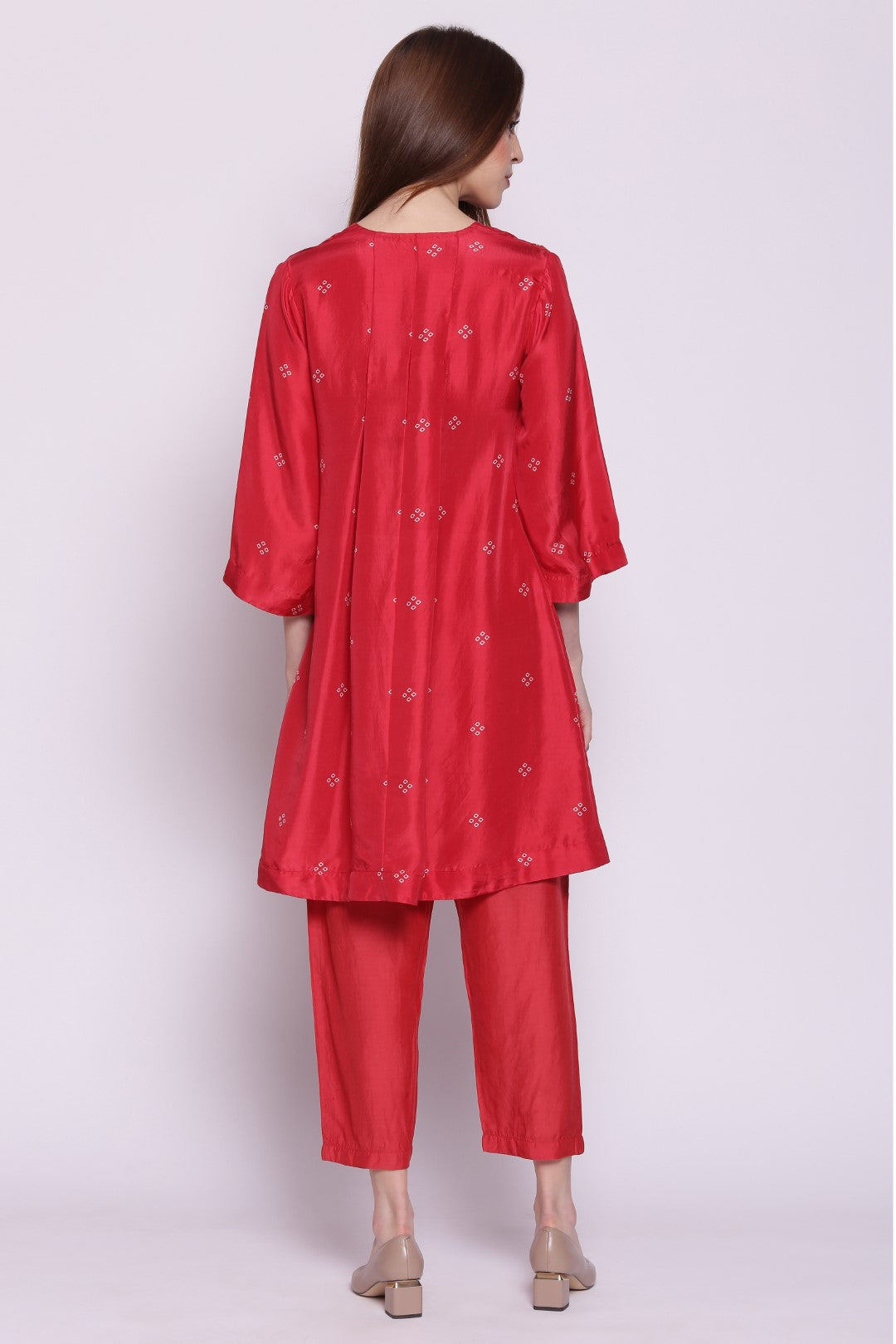 RED SILK BANHDANI PRINT BOX PLEAT TUNIC WITH PANTS