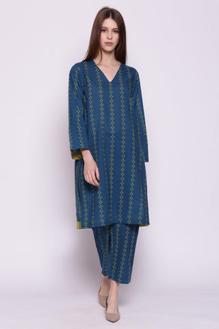 BLUE AND OLIVE COTTON VERTICLE STRIPE BANDHANI PRINT KUTRA AND PANTS