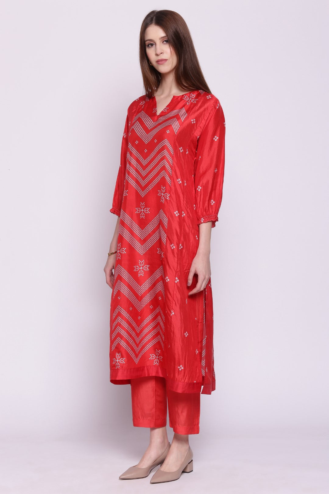 RED SILK CHEVRON BANDHANI PRINT STRAIGHT KALI KURTA