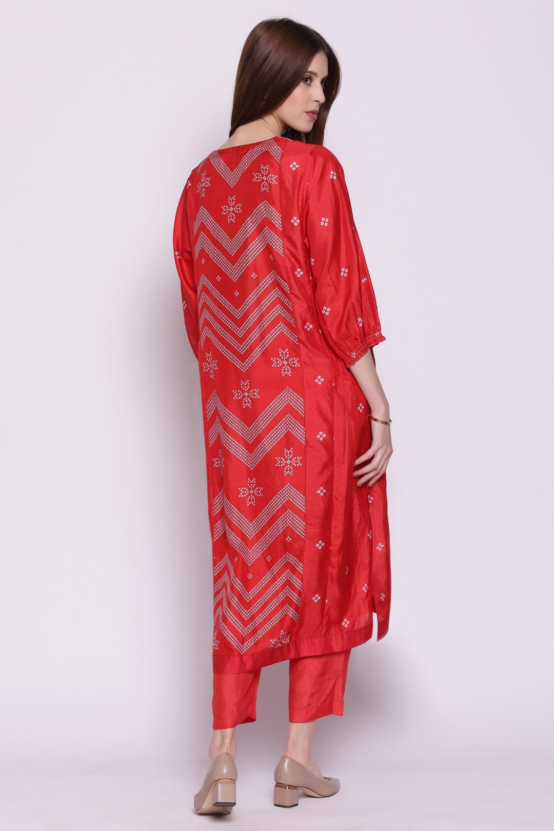 RED SILK CHEVRON BANDHANI PRINT STRAIGHT KALI KURTA
