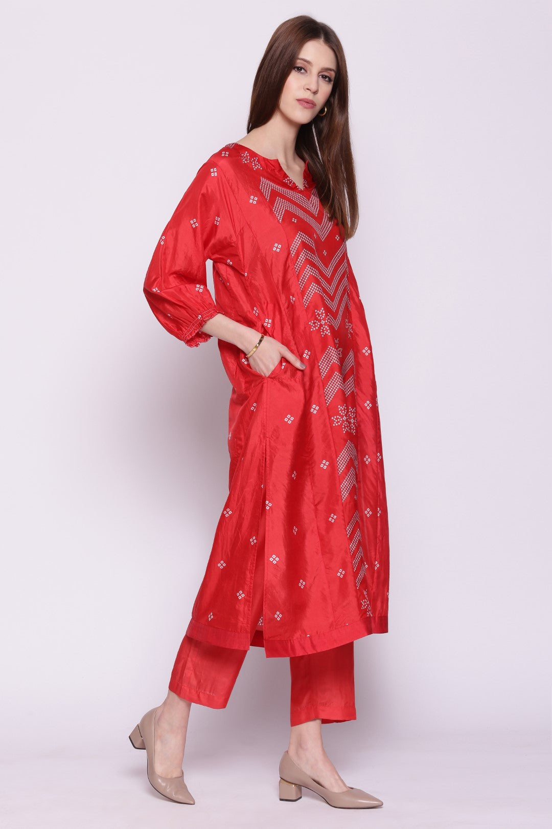 RED SILK CHEVRON BANDHANI PRINT STRAIGHT KALI KURTA