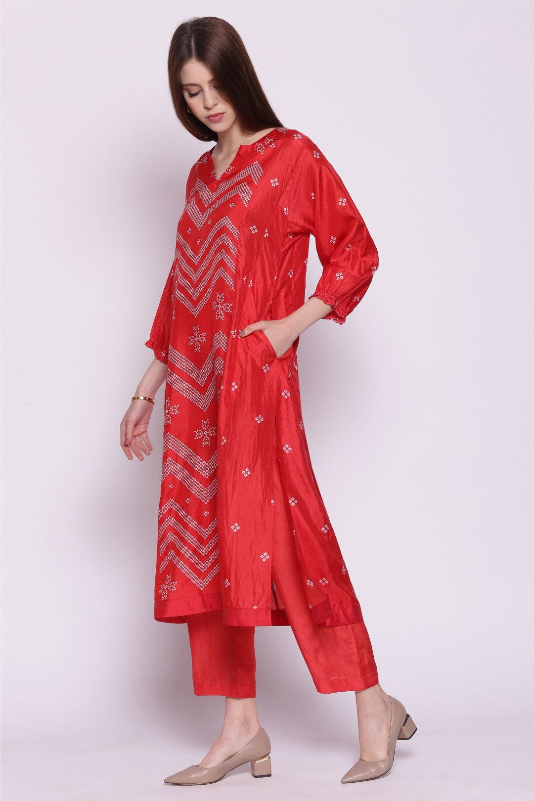 RED SILK CHEVRON BANDHANI PRINT STRAIGHT KALI KURTA