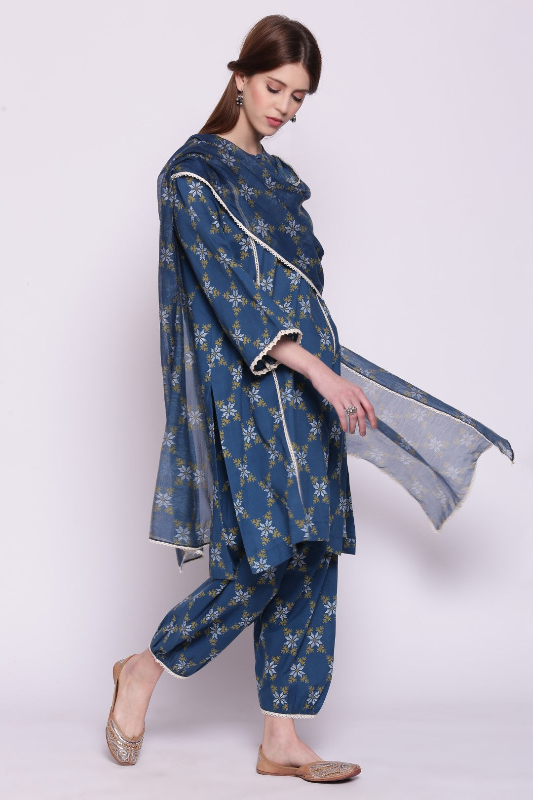 BLUE SNOWFLAKE PRINTED COTTON KALI KURTA WITH PRINTED PANTS AND SOFT CHANDERI DUPATTA