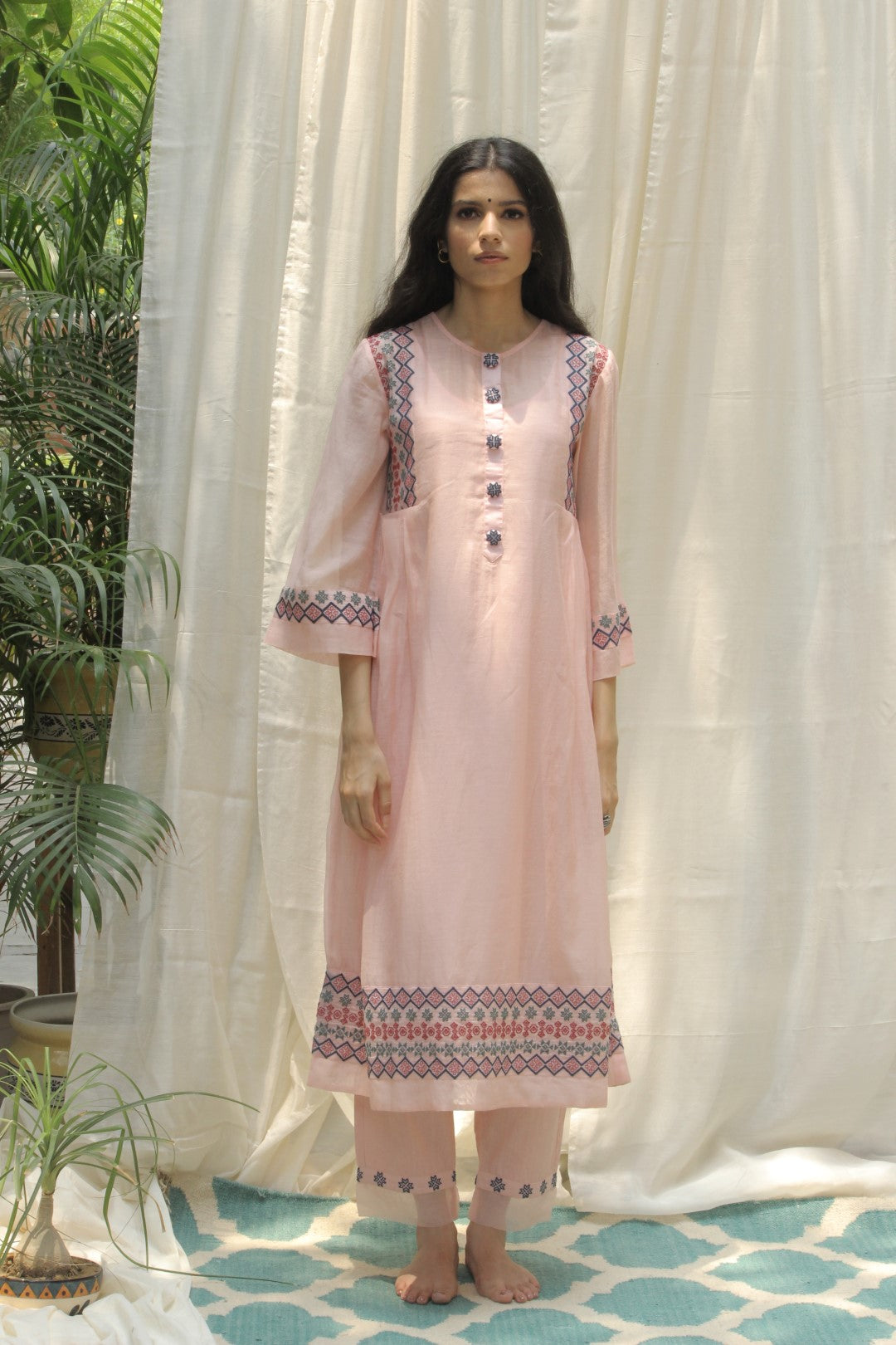 BABY PINK CHANDERI AZTEC EMBROIDERED SIDE PLEAT DRESS WITH EMBROIDERED KURTA AND PANTS. SET OF 3