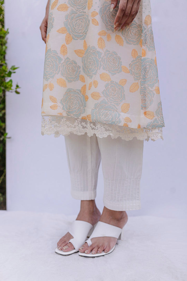 Bela-IVORY CHANDERI BLOCK PRINTED AND EMBROIDERED KURTA SET