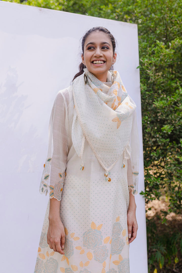 Bela-IVORY CHANDERI BLOCK PRINTED AND EMBROIDERED KURTA SET