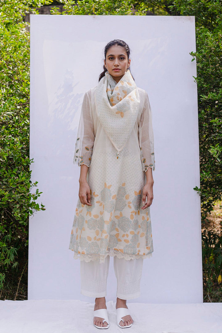 Bela-IVORY CHANDERI BLOCK PRINTED AND EMBROIDERED KURTA SET