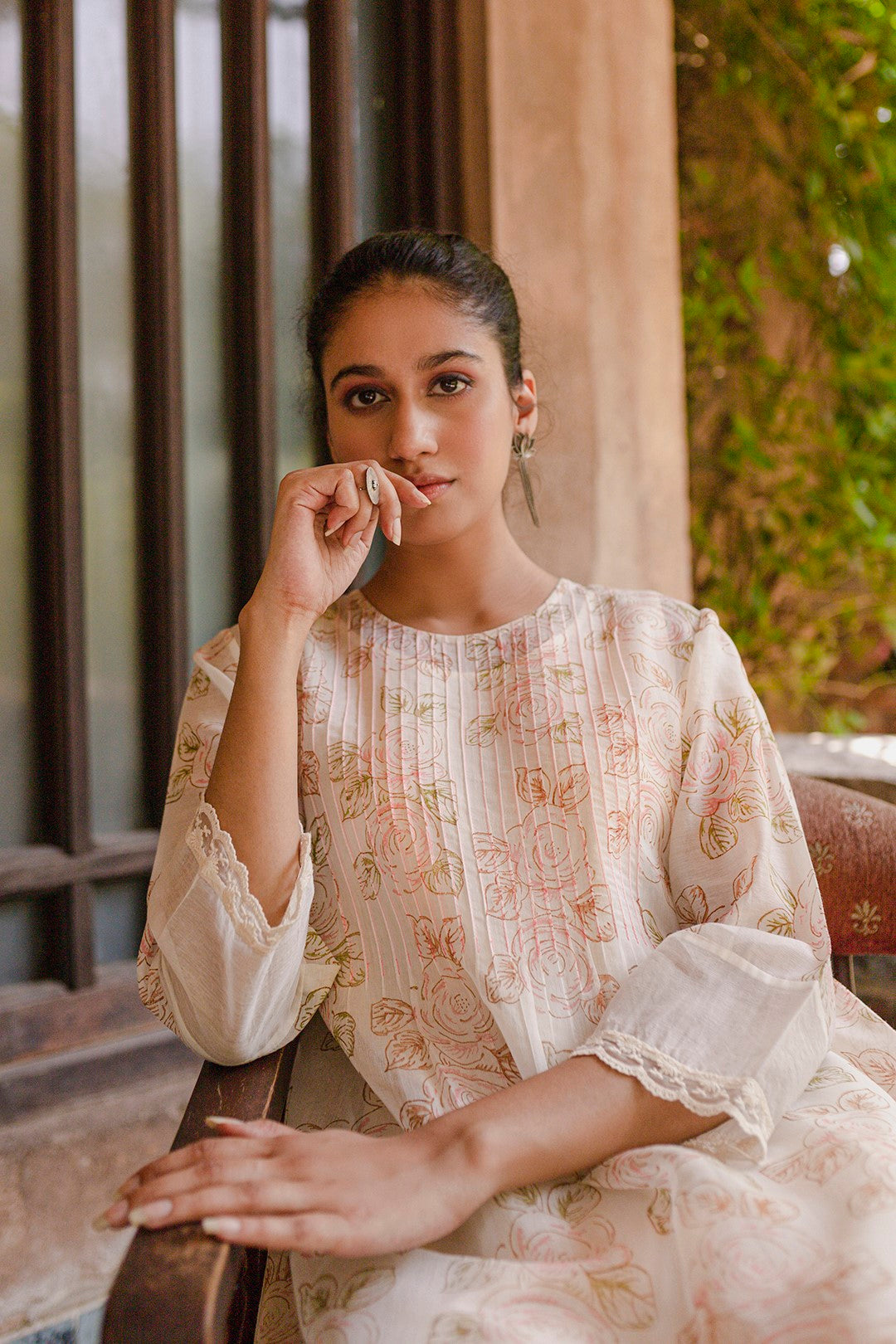 IVORY CHANDERI BLOCK PRINTED FLORAL FINE PINK ROSE JAAL KURTA
