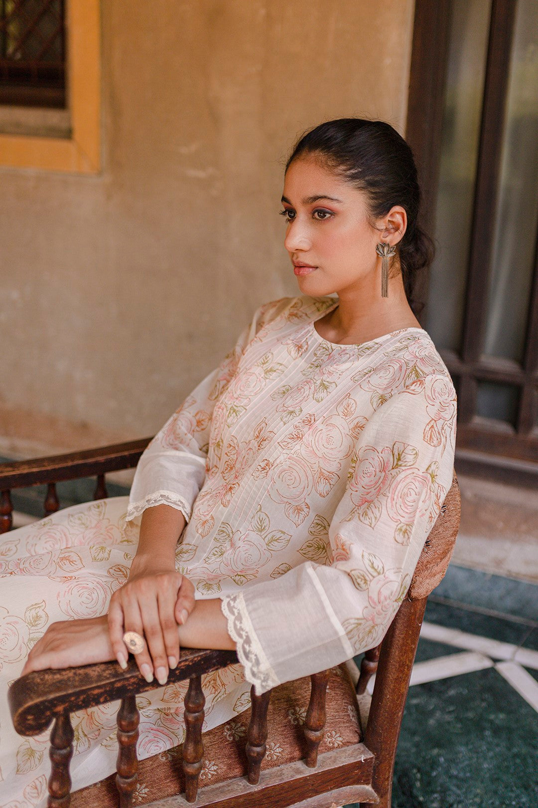 IVORY CHANDERI BLOCK PRINTED FLORAL FINE PINK ROSE JAAL KURTA