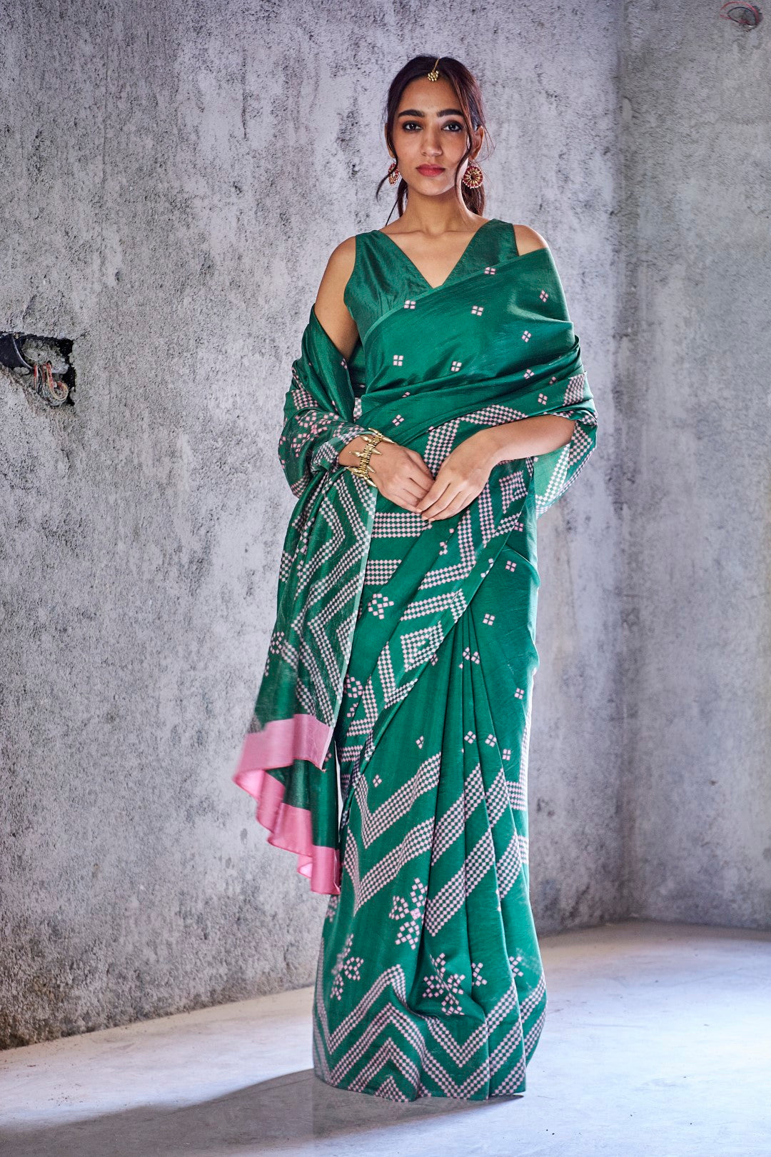 EMERALD GREEN SILK PANNA SAREE UNSTITCH BLOUSE