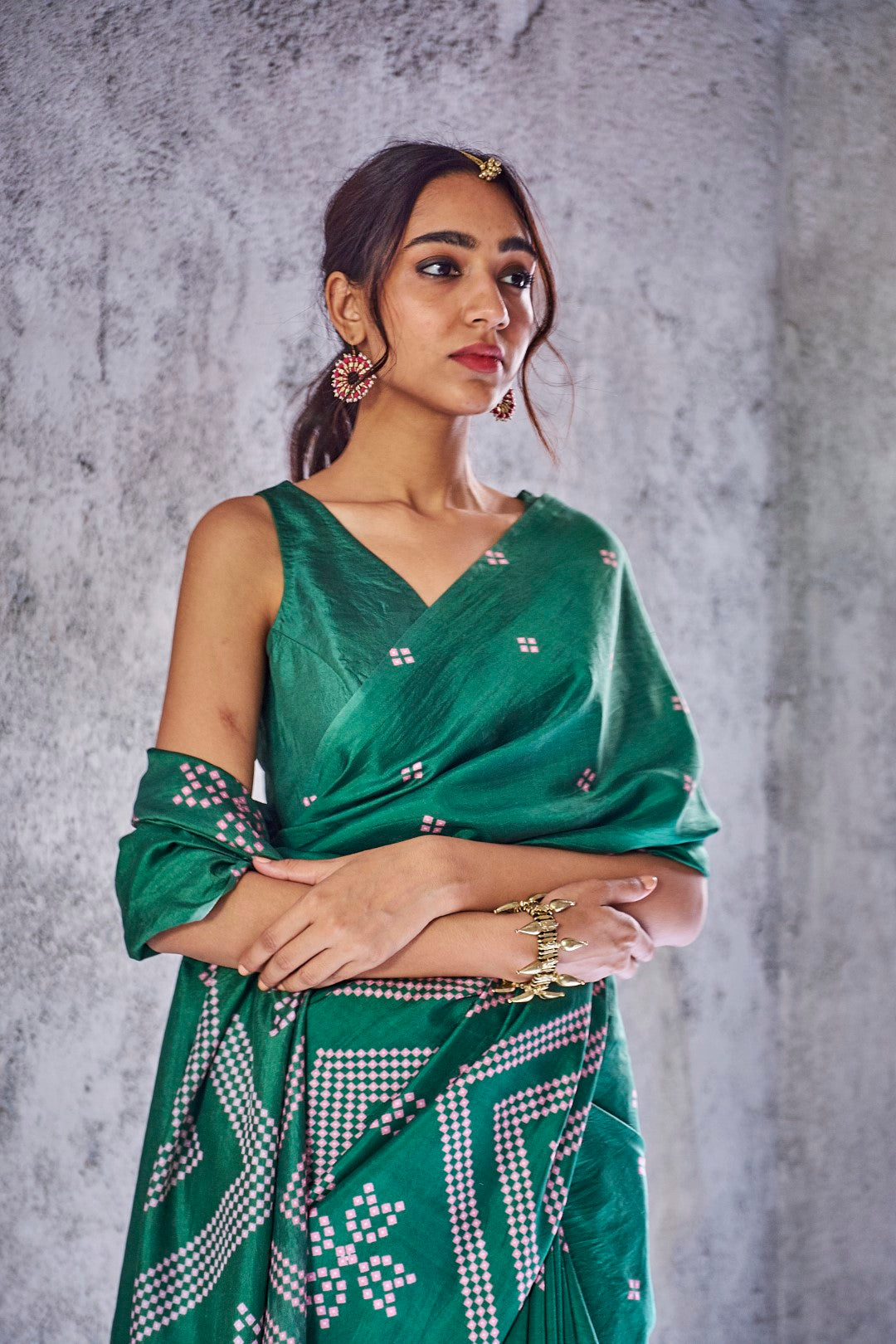 EMERALD GREEN SILK PANNA SAREE UNSTITCH BLOUSE