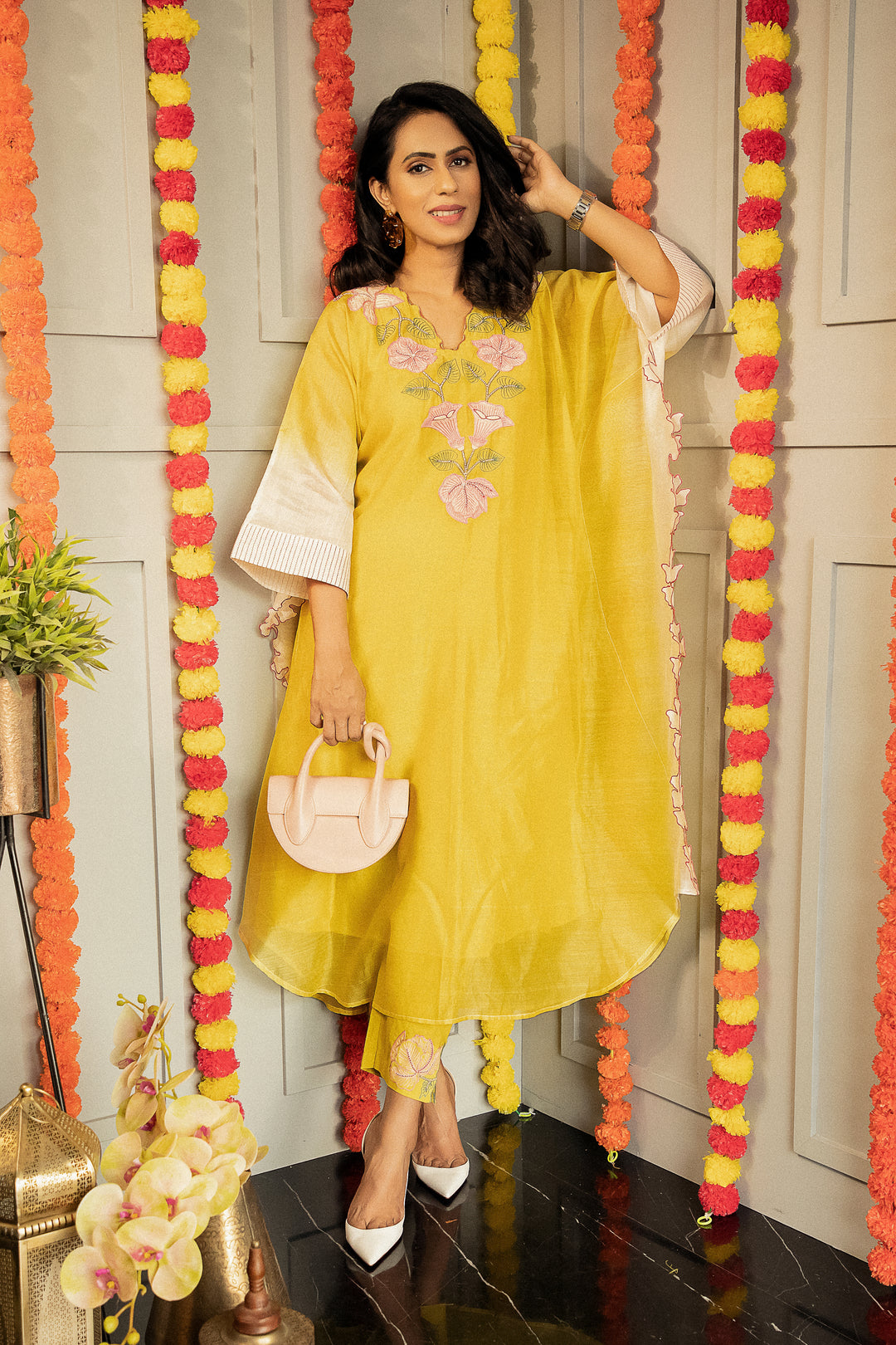DIL-KASH DIP DYE YELLOW AND OFF-WHITE CHANDERI  V-NECK EMBROIDERY KAFTAAN