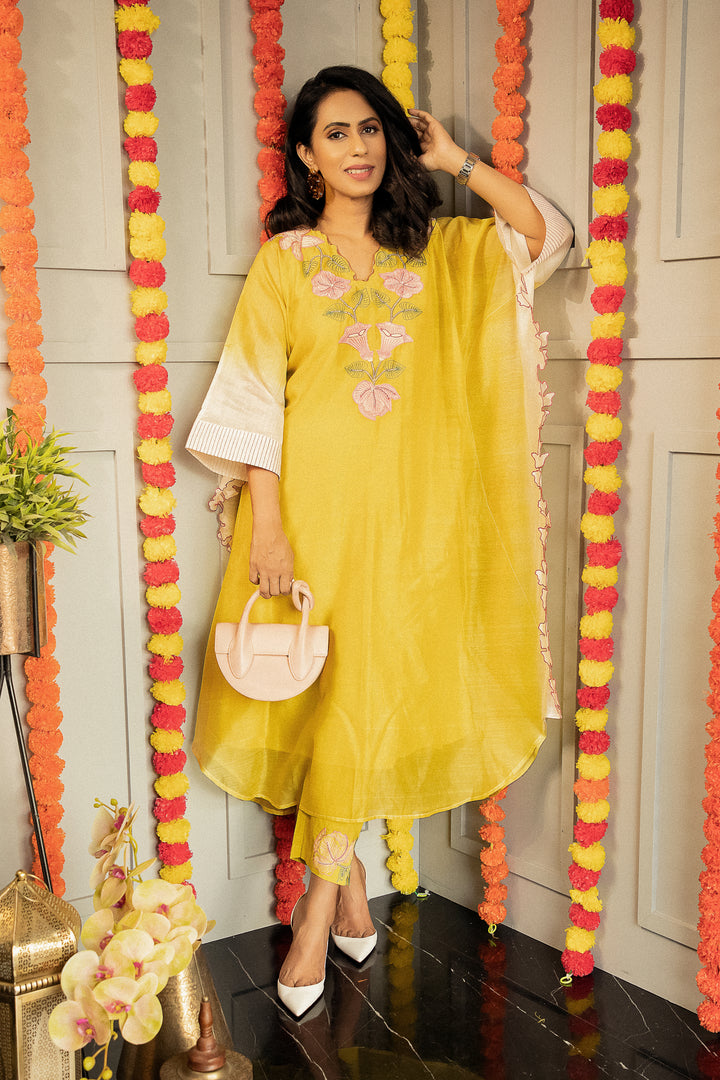 DIL-KASH DIP DYE YELLOW AND OFF-WHITE CHANDERI  V-NECK EMBROIDERY KAFTAAN
