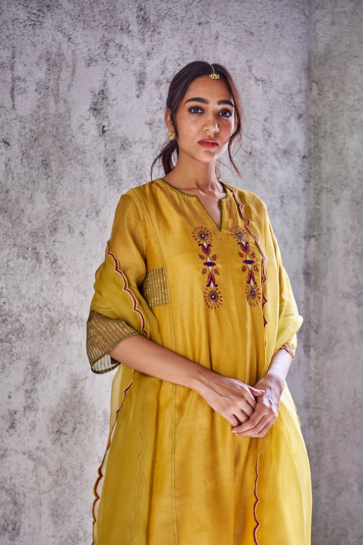 YELLOW MUSTARD HANDWOVEN CHANDERI EMBROIDERED JODHA KURTA