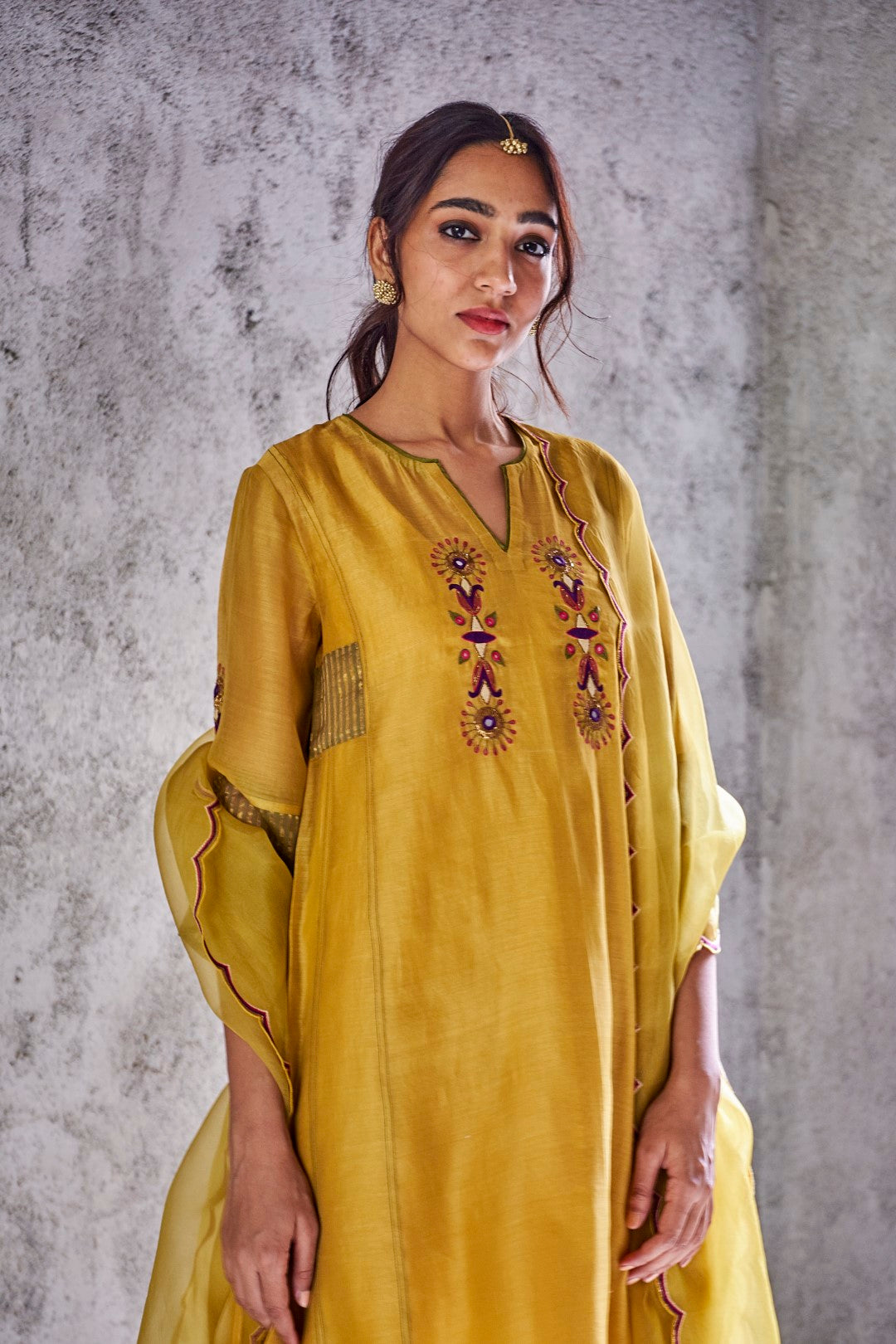 YELLOW MUSTARD CHANDERI EMBROIDERED JODHA KURTA WITH SALWAR AND DUPATTA