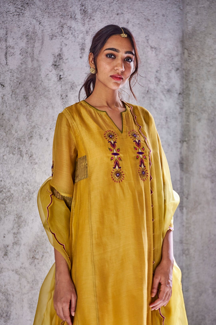 YELLOW MUSTARD HANDWOVEN CHANDERI EMBROIDERED JODHA KURTA