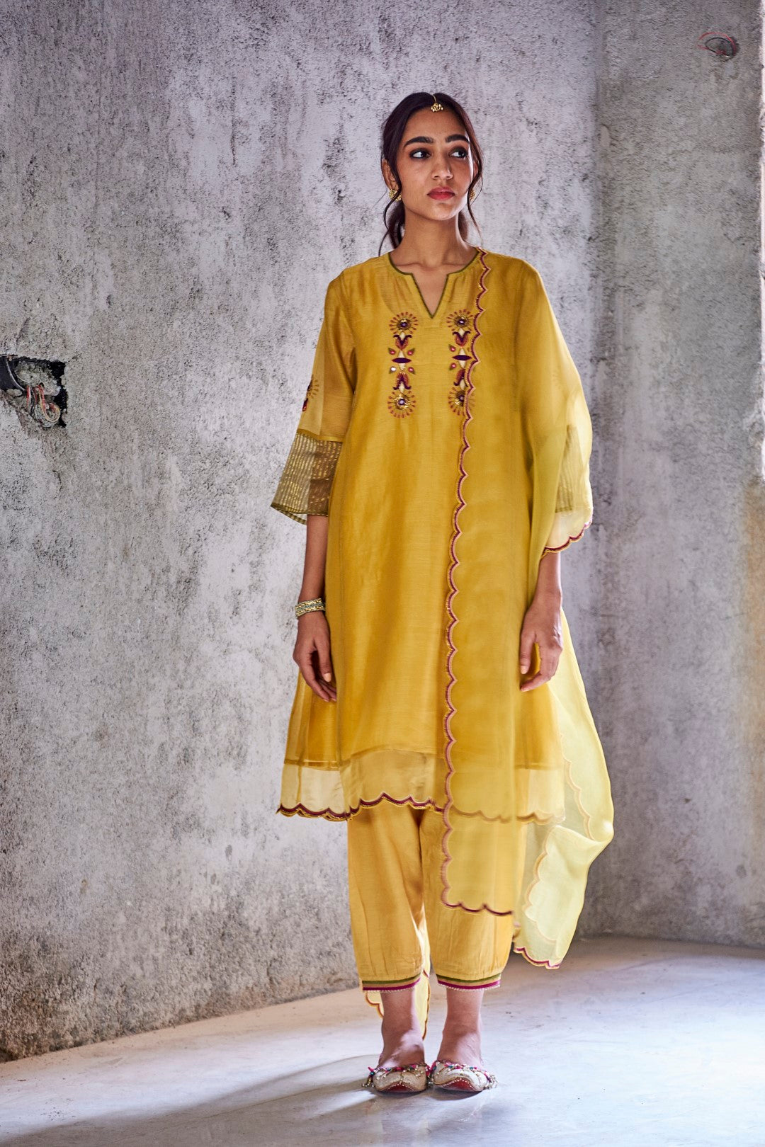 YELLOW MUSTARD CHANDERI EMBROIDERED JODHA KURTA WITH SALWAR AND DUPATTA