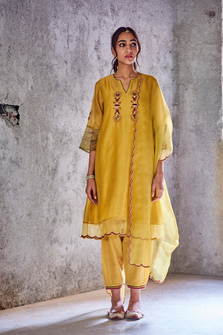 YELLOW MUSTARD HANDWOVEN CHANDERI EMBROIDERED JODHA KURTA