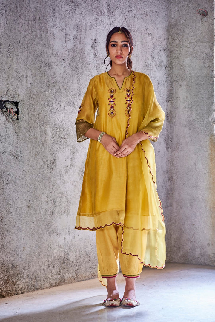 YELLOW MUSTARD HANDWOVEN CHANDERI EMBROIDERED JODHA KURTA