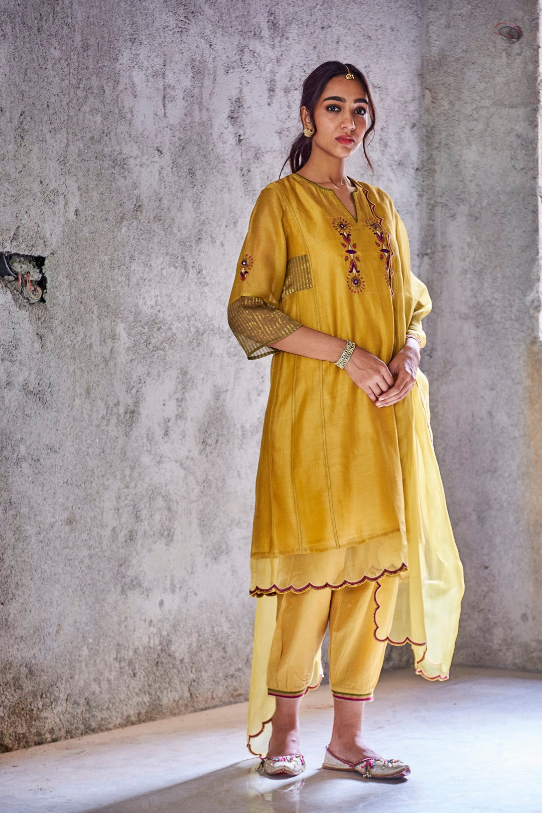 YELLOW MUSTARD CHANDERI EMBROIDERED JODHA KURTA WITH SALWAR AND DUPATTA