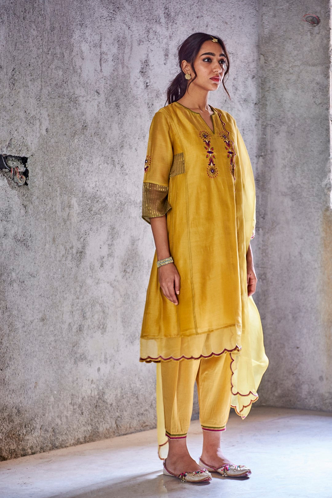 YELLOW MUSTARD CHANDERI EMBROIDERED JODHA KURTA WITH SALWAR AND DUPATTA