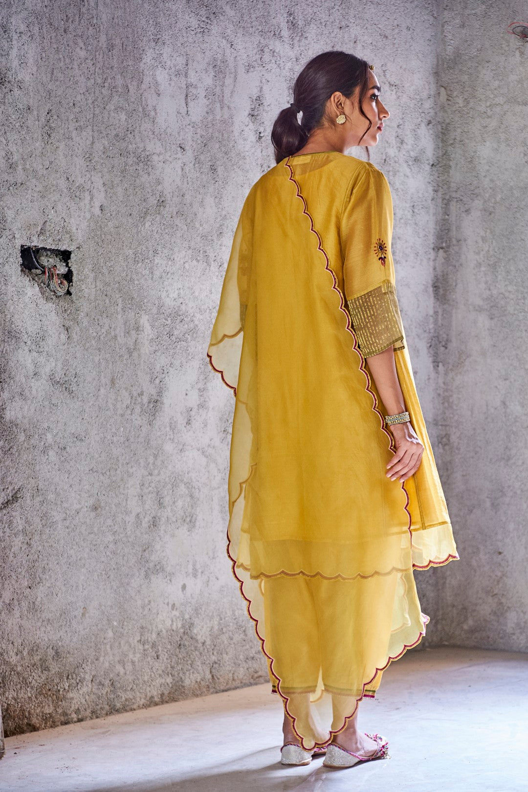 YELLOW MUSTARD CHANDERI EMBROIDERED JODHA KURTA WITH SALWAR AND DUPATTA