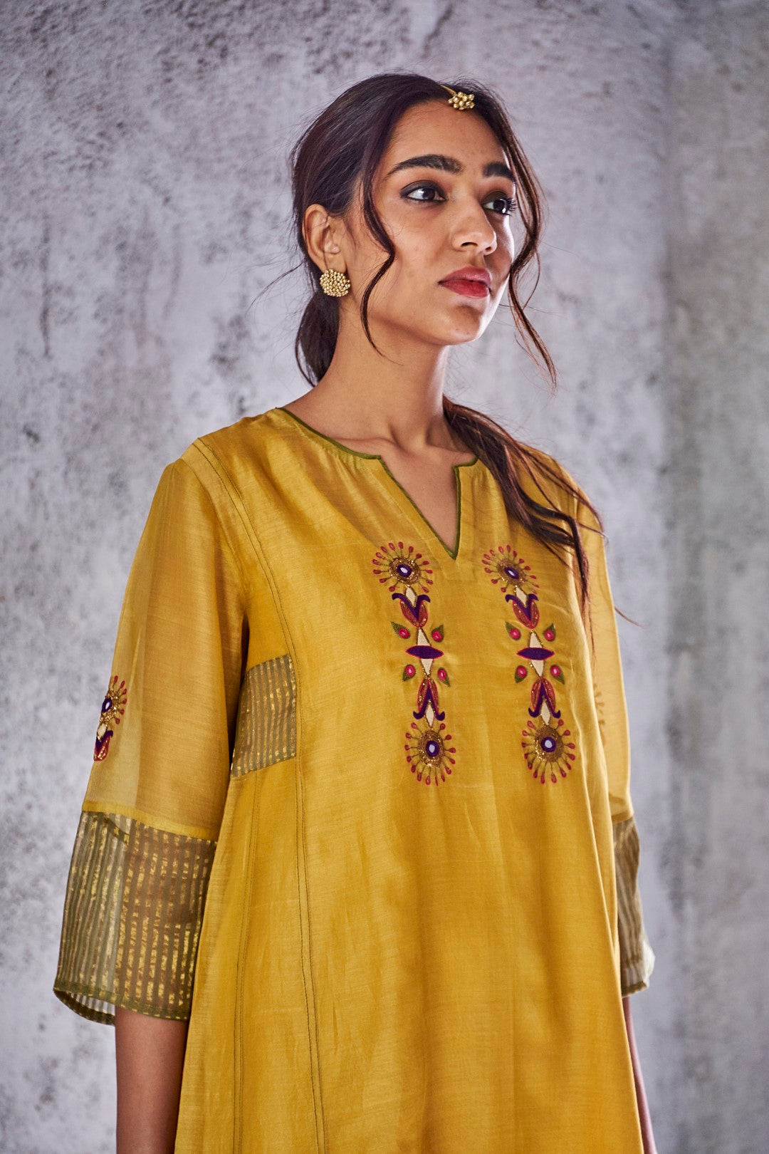 YELLOW MUSTARD HANDWOVEN CHANDERI EMBROIDERED JODHA KURTA