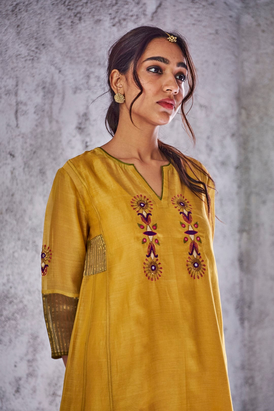 YELLOW MUSTARD HANDWOVEN CHANDERI EMBROIDERED JODHA KURTA