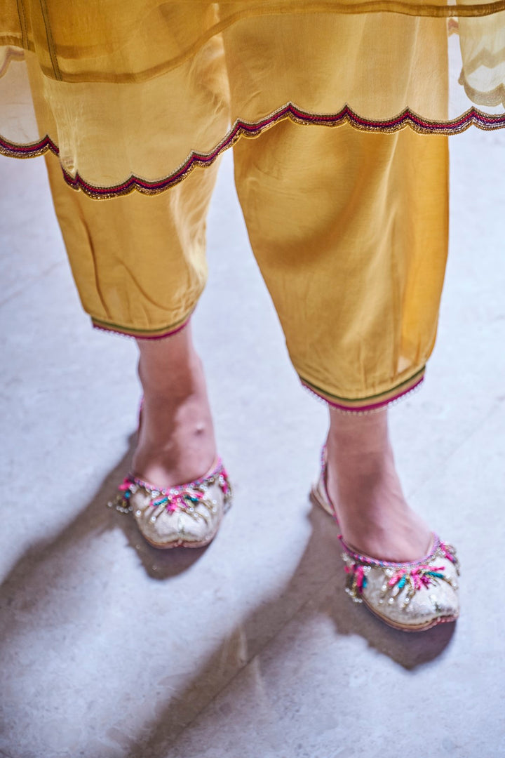 YELLOW MUSTARD HANDWOVEN CHANDERI EMBROIDERED JODHA KURTA