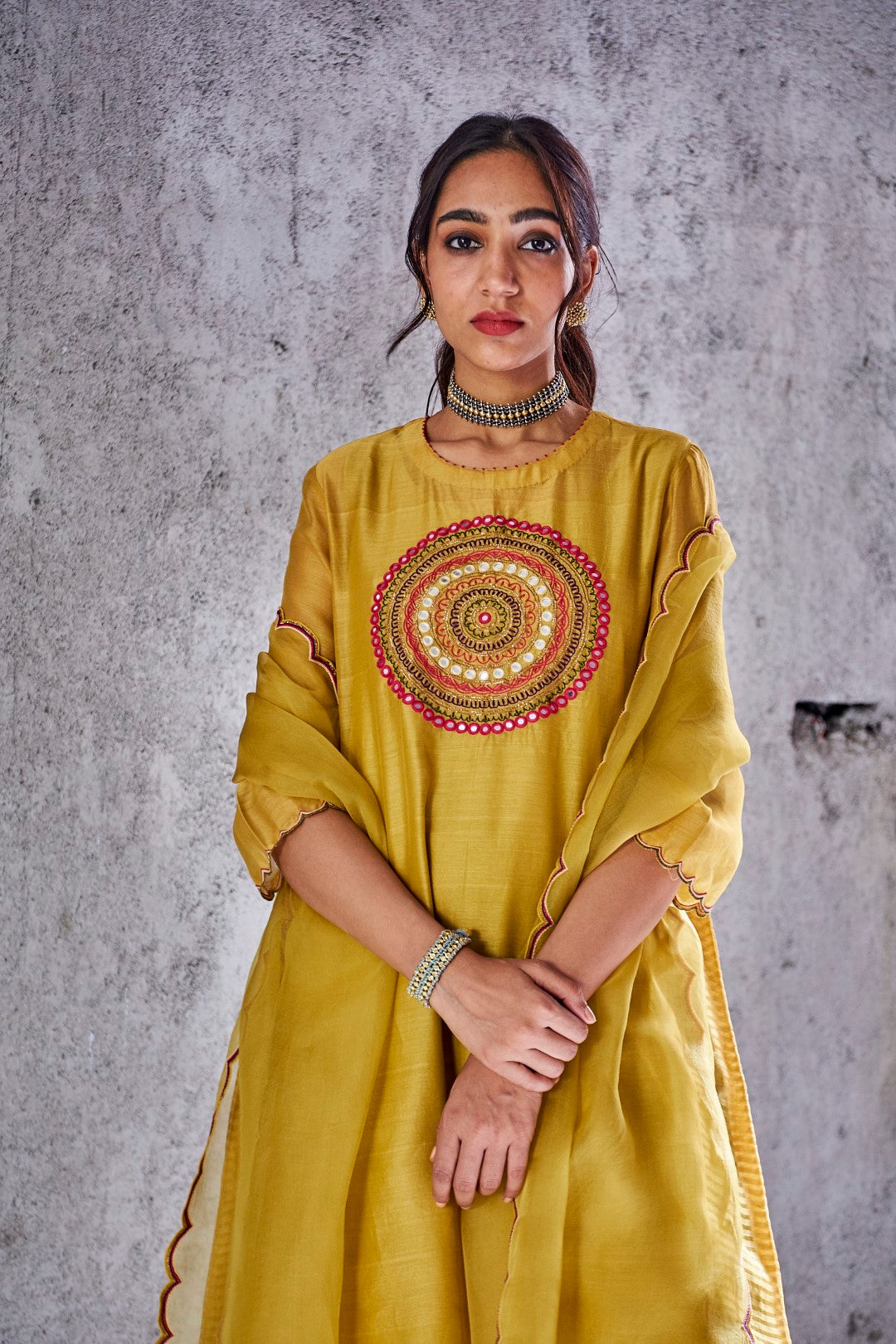 YELLOW MUSTARD ORGANZA SILK SCALLOP DUPATTA