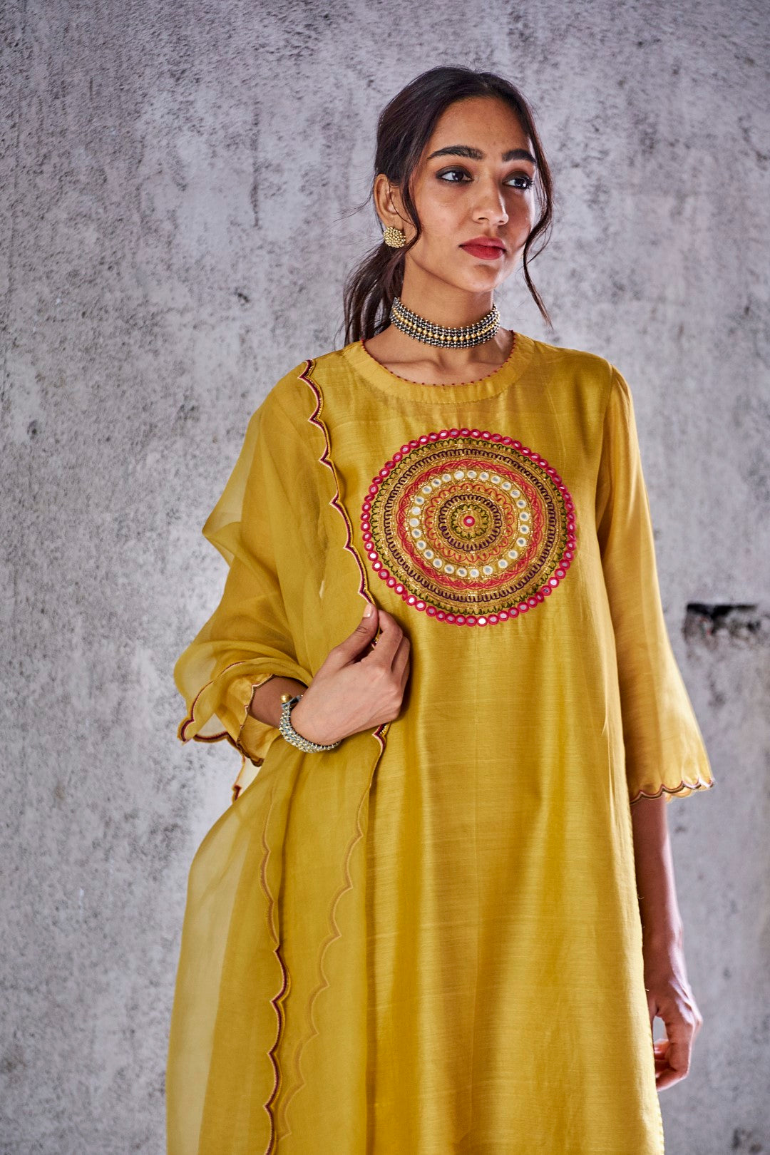 YELLOW MUSTARD ORGANZA SILK SCALLOP DUPATTA