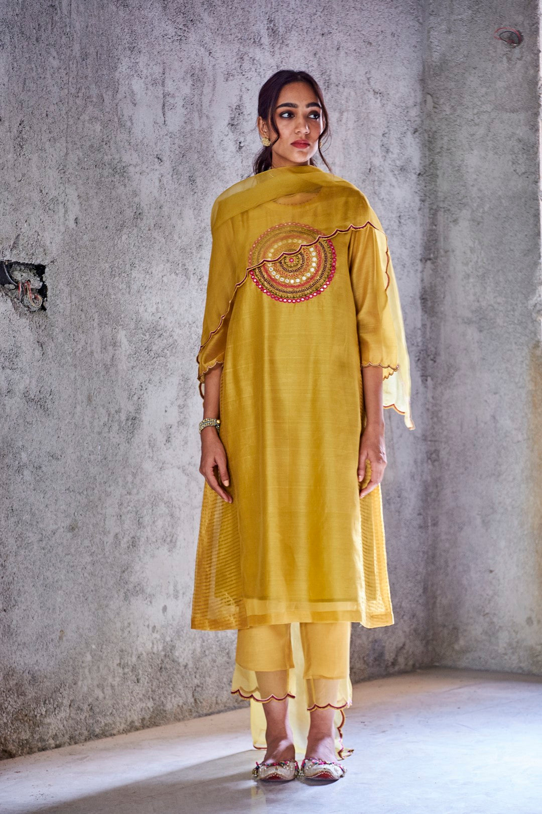 YELLOW MUSTARD COTTON SILK AND ORGANZA EMBROIDERED PAVITRA SCALLOP PANTS