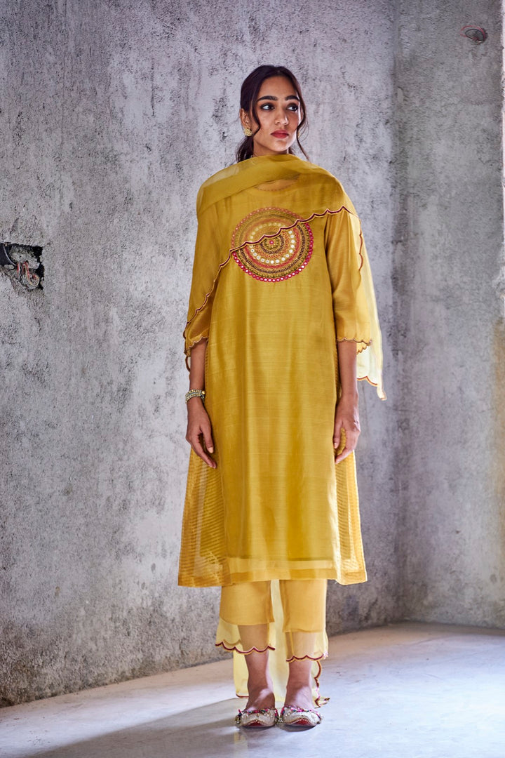YELLOW MUSTARD HANDWOVEN CHANDERI EMBROIDERED PAVITRA KURTA