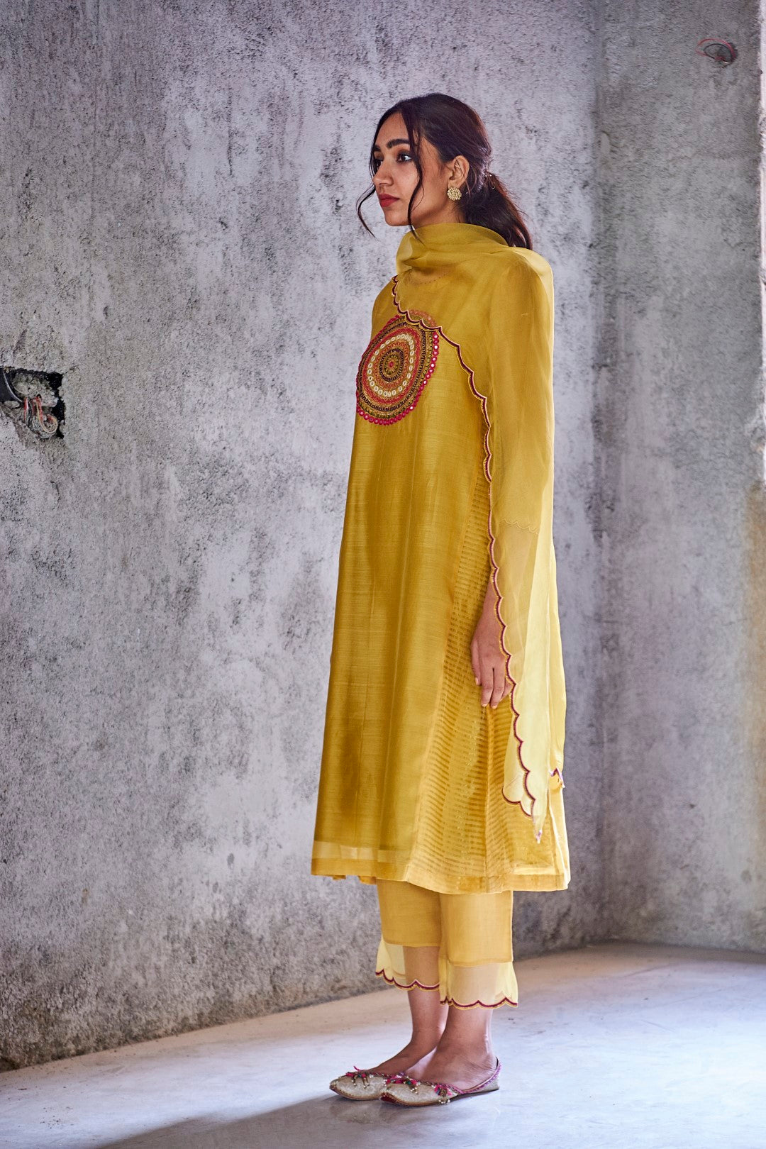 YELLOW MUSTARD COTTON SILK AND ORGANZA EMBROIDERED PAVITRA SCALLOP PANTS