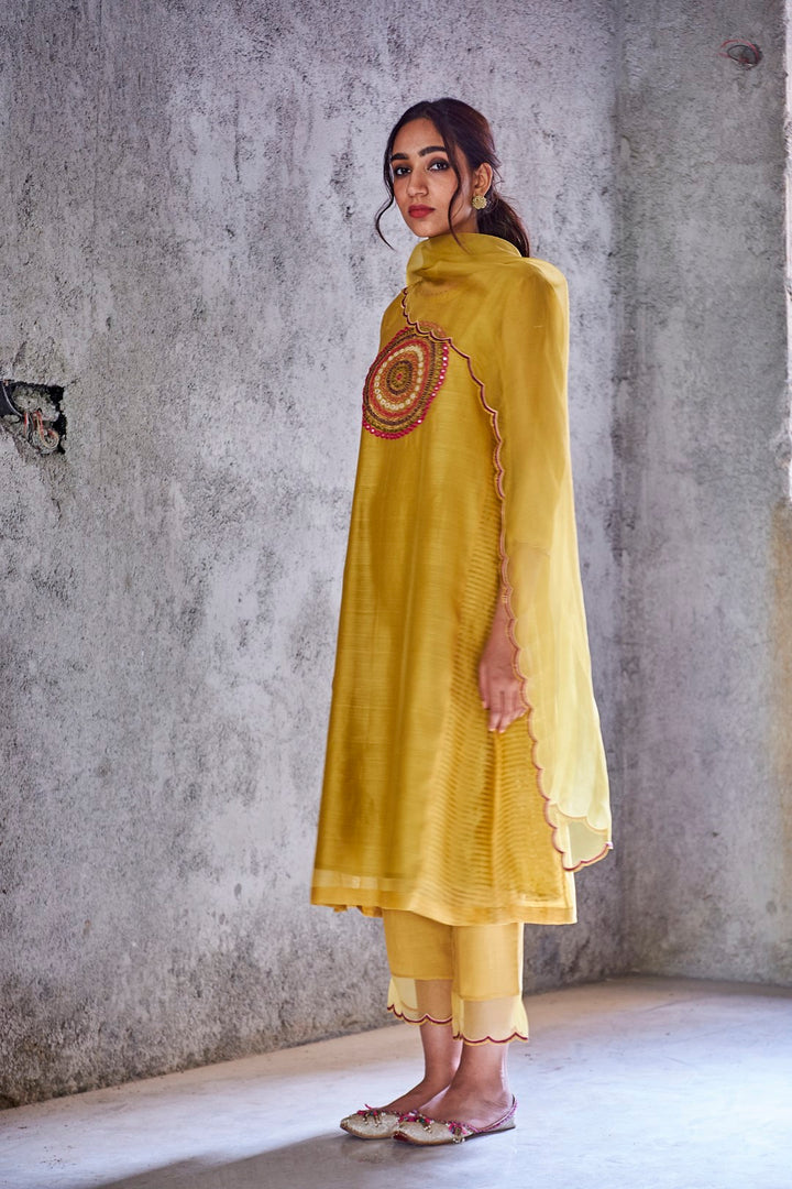 YELLOW MUSTARD HANDWOVEN CHANDERI EMBROIDERED PAVITRA KURTA