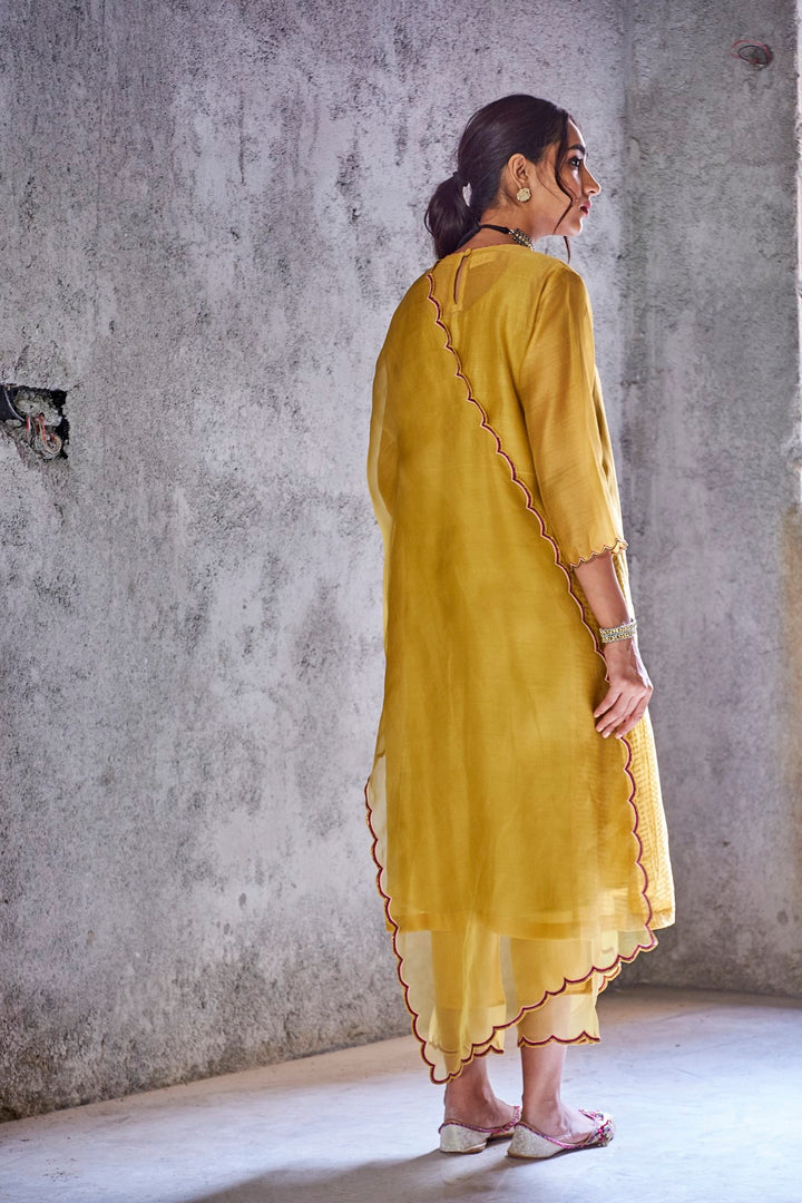 YELLOW MUSTARD HANDWOVEN CHANDERI EMBROIDERED PAVITRA KURTA