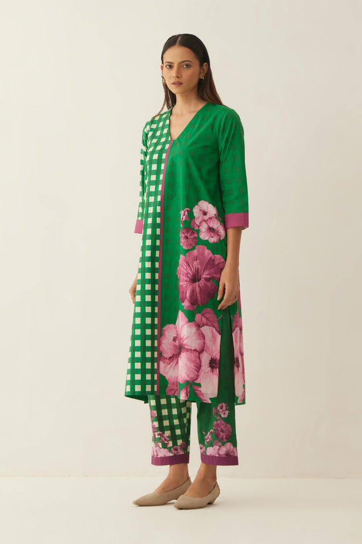 GREEN COTTON GINGHAM CHECKS AND FLORAL MIX CO-ORD SET