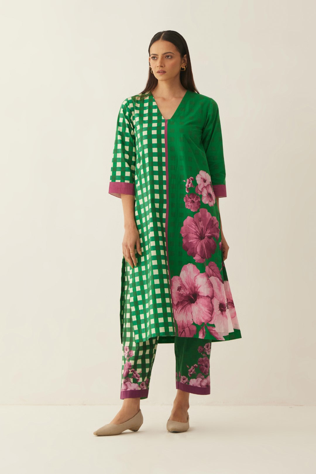 GREEN COTTON GINGHAM CHECKS AND FLORAL MIX CO-ORD SET