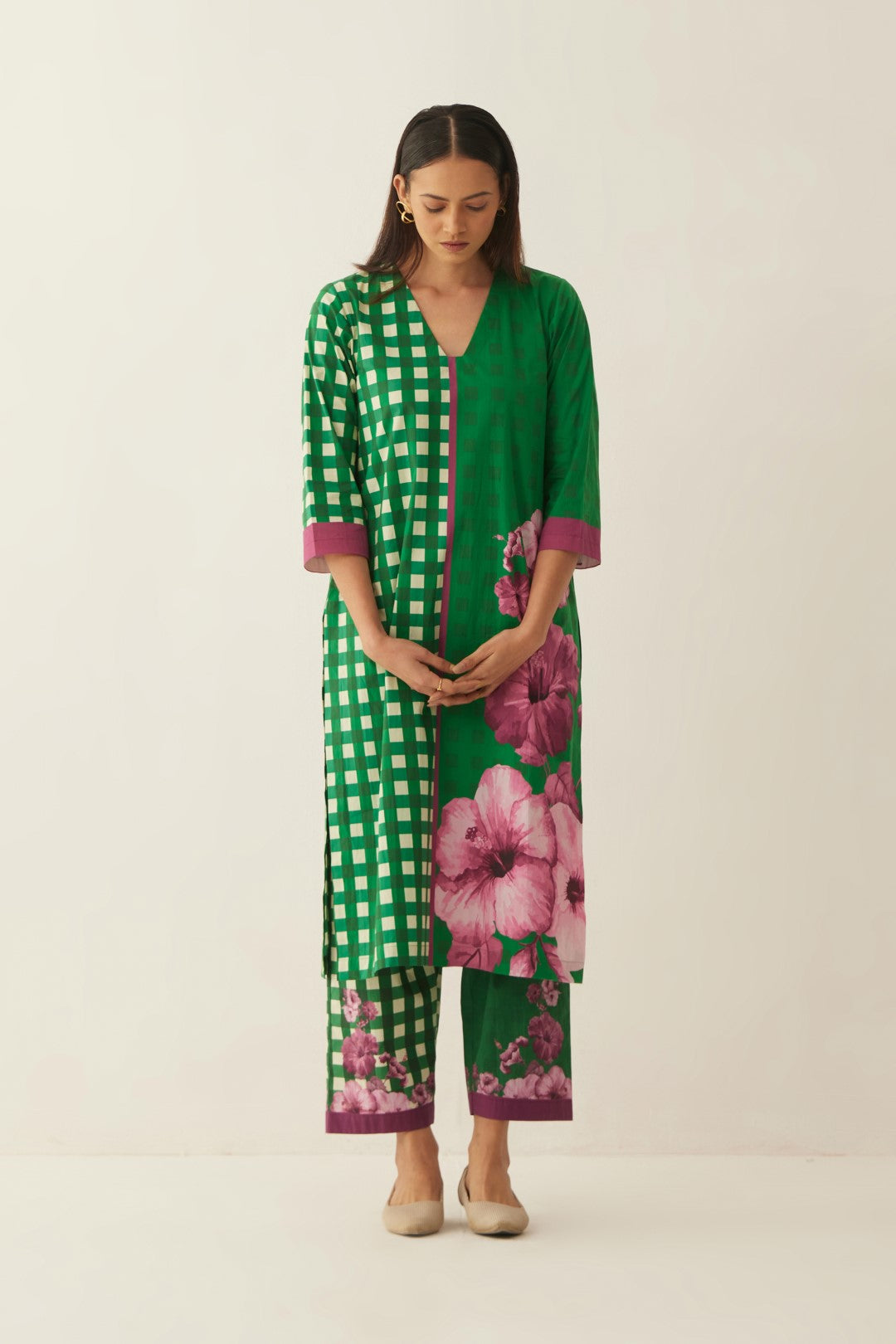 GREEN COTTON GINGHAM CHECKS AND FLORAL MIX CO-ORD SET