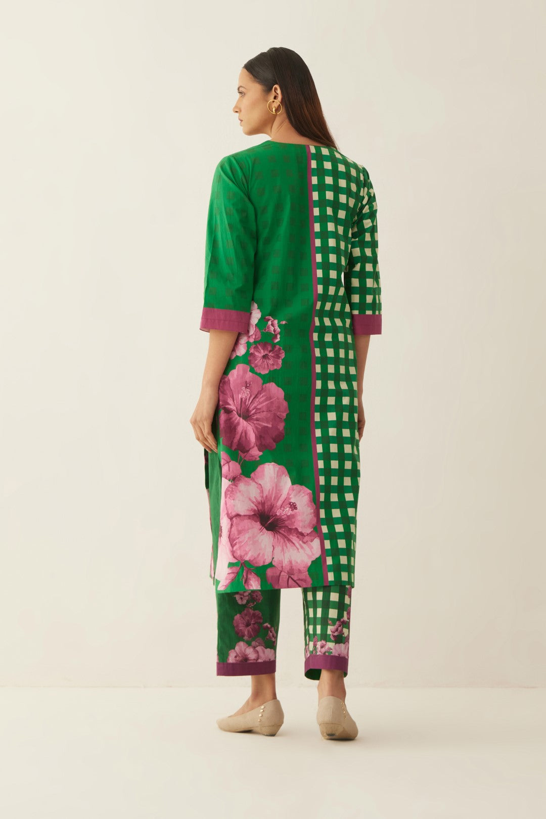GREEN COTTON GINGHAM CHECKS AND FLORAL MIX CO-ORD SET