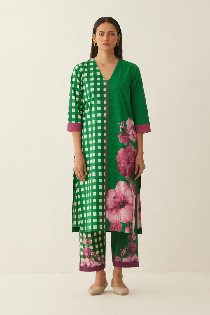 GREEN COTTON GINGHAM CHECKS AND FLORAL MIX CO-ORD SET