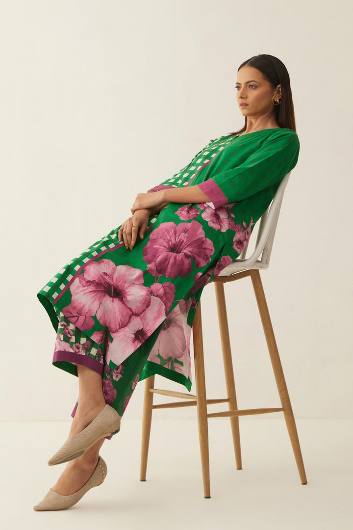 GREEN COTTON GINGHAM CHECKS AND FLORAL MIX CO-ORD SET