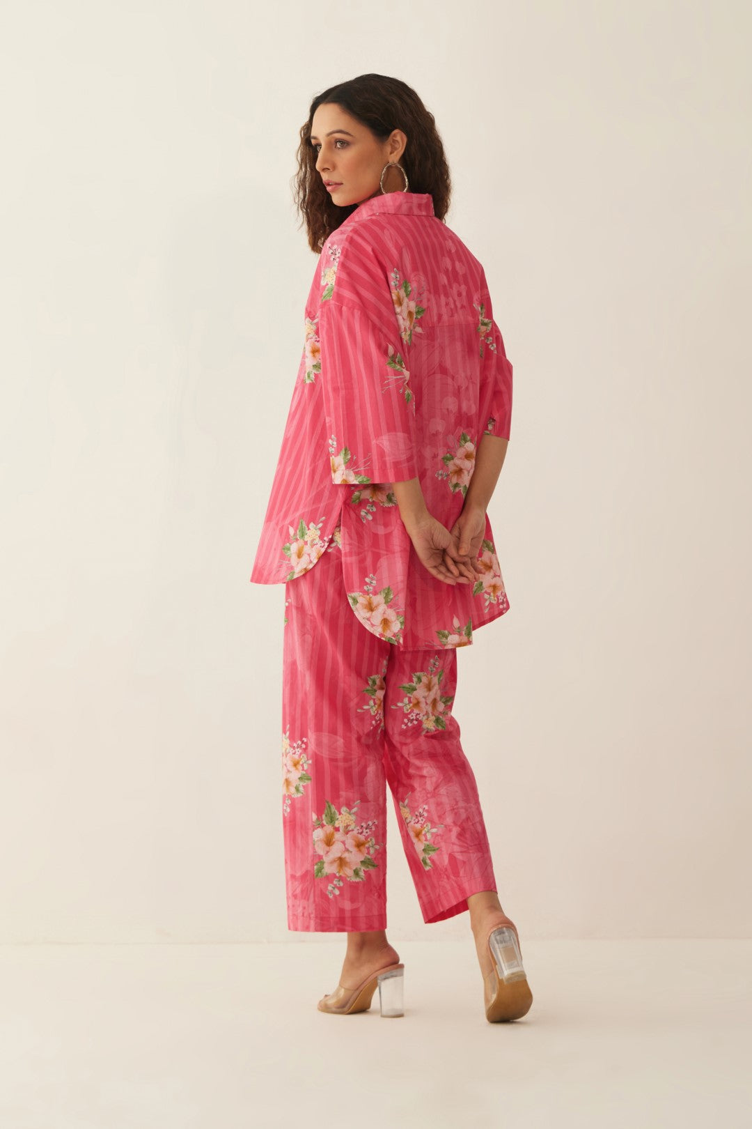 PINK COTTON FLORAL STRIPE SHIRT WITH PANTS CO-ORD SET