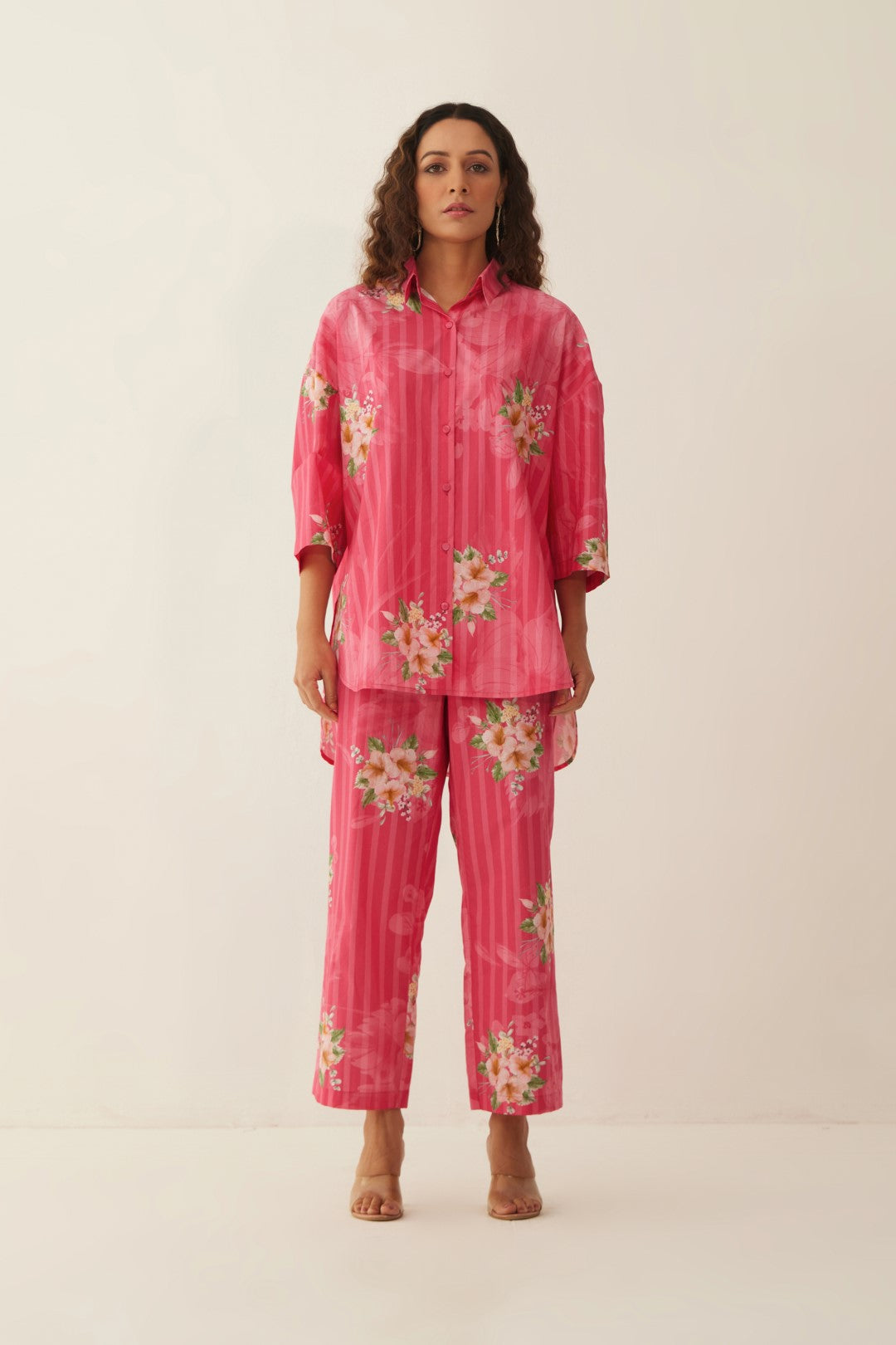 PINK COTTON FLORAL STRIPE SHIRT WITH PANTS CO-ORD SET