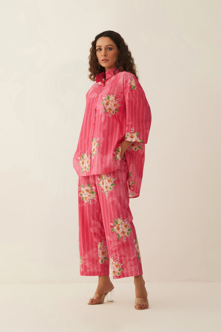 PINK COTTON FLORAL STRIPE SHIRT WITH PANTS CO-ORD SET