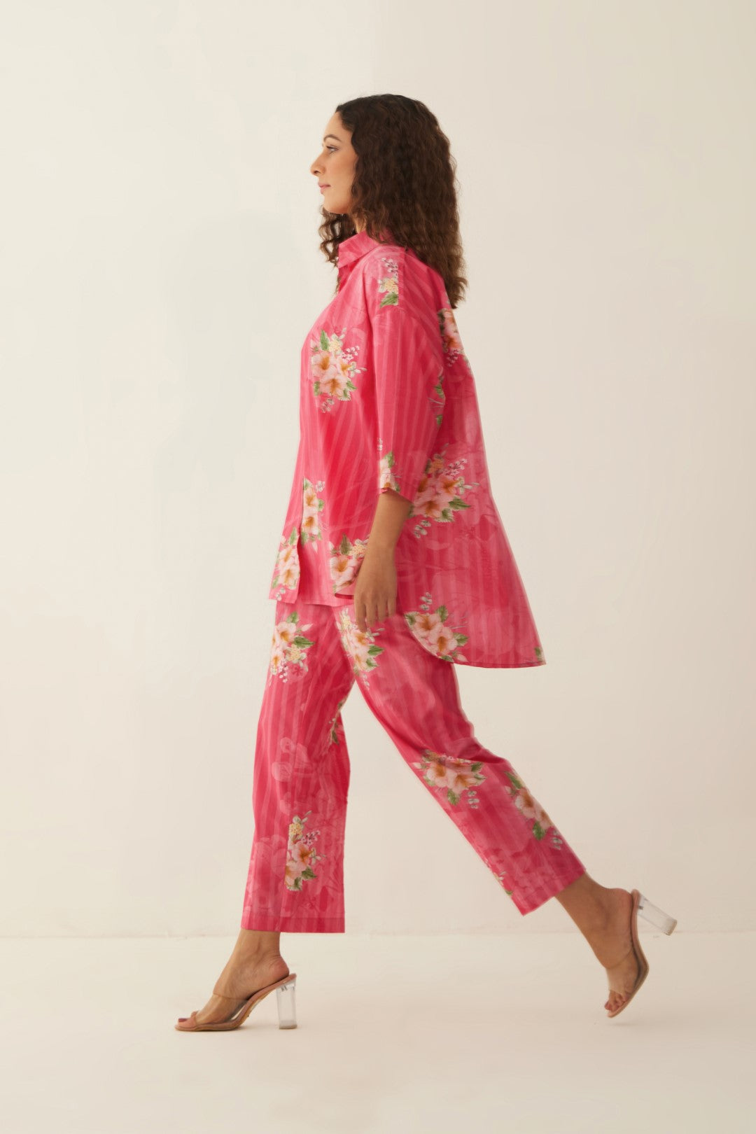 PINK COTTON FLORAL STRIPE SHIRT WITH PANTS CO-ORD SET