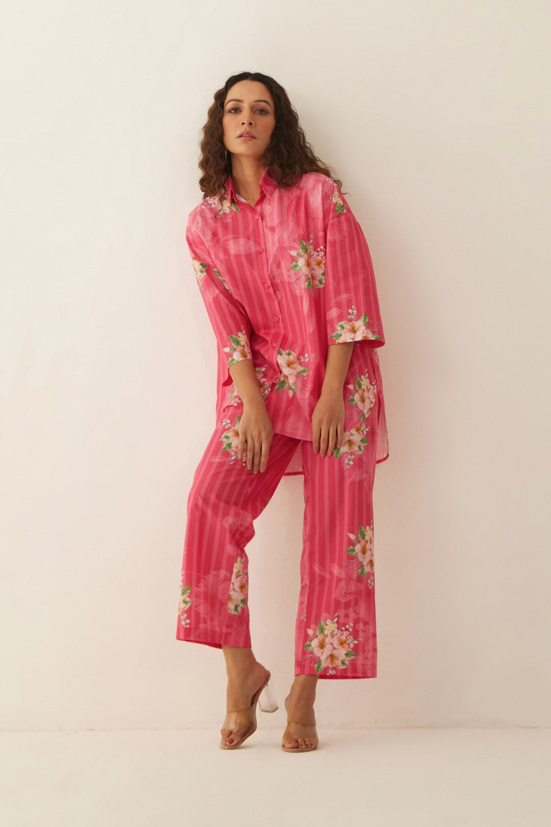 PINK COTTON FLORAL STRIPE SHIRT WITH PANTS CO-ORD SET