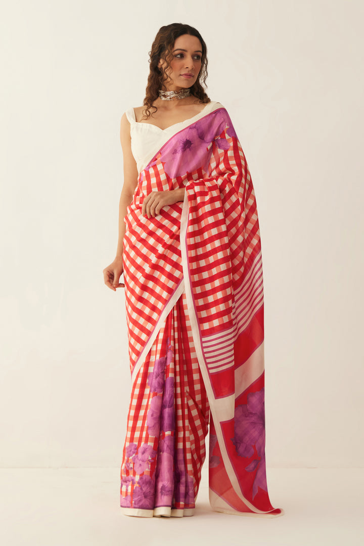 RED AND OFF WHITE GINGHAM CHECKS FLORAL MIX SILK SAREE WITH Blouse
