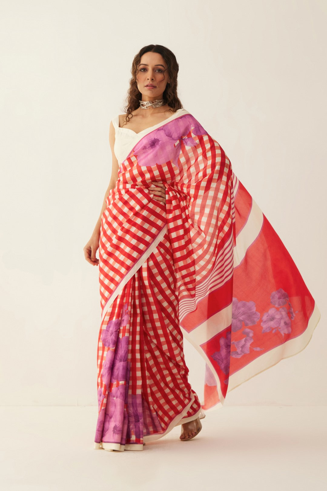 RED AND OFF WHITE GINGHAM CHECKS FLORAL MIX SILK SAREE WITH Blouse
