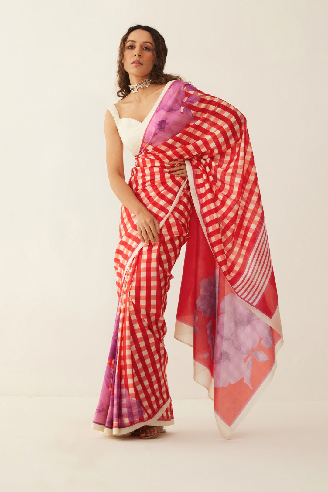RED AND OFF WHITE GINGHAM CHECKS FLORAL MIX SILK SAREE WITH Blouse